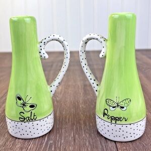 Retro Anthropologie Salt & Pepper Shakers Green with a Butterfly & Polka Dots 5"